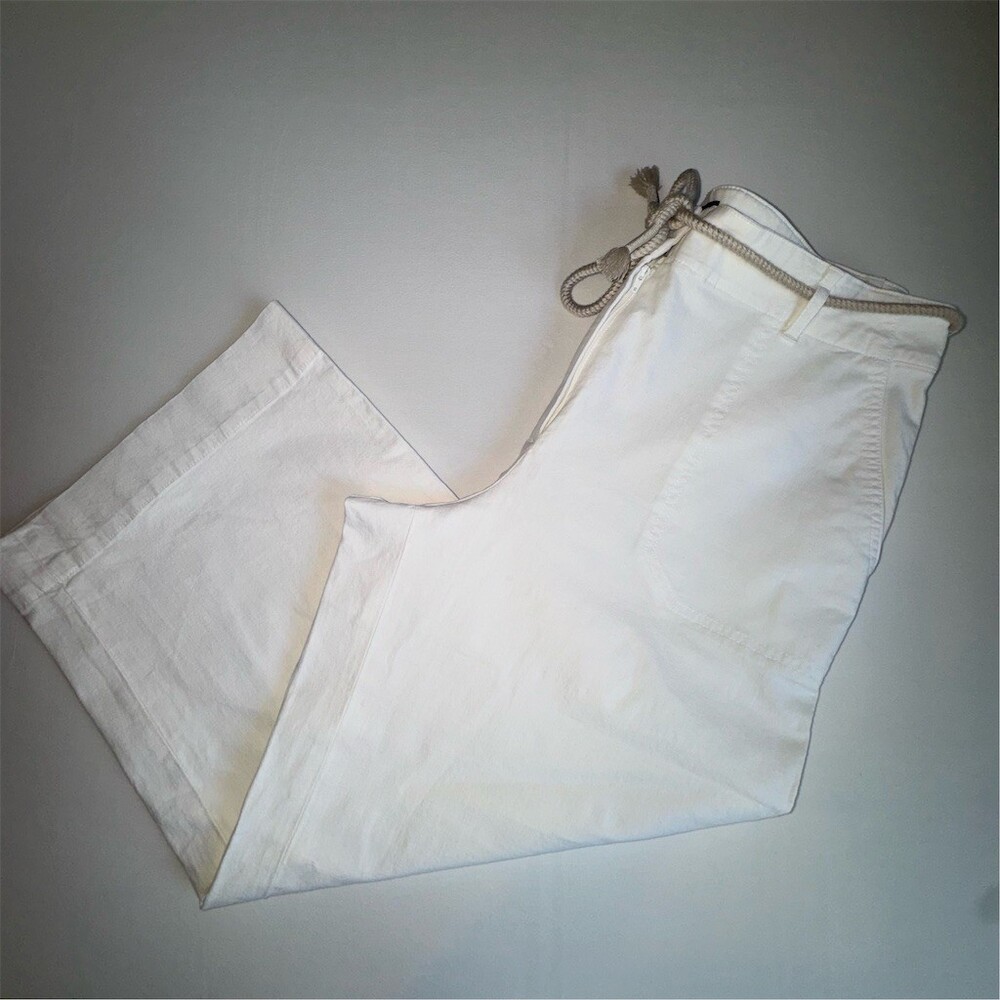 Talbots Pants Womens Size 12 White Cropped Capri Wide-Leg Rope Belt Minimalist